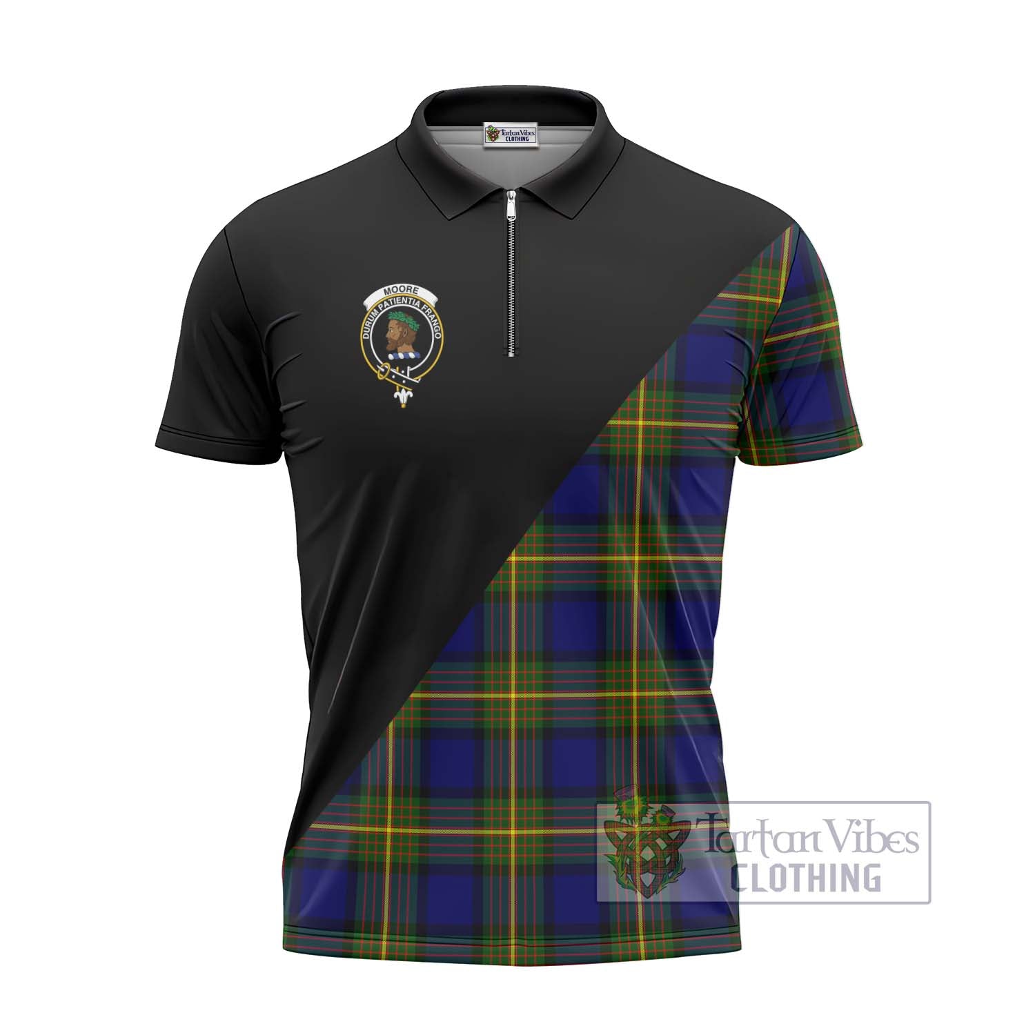 Tartan Vibes Clothing Moore Tartan Zipper Polo Shirt with Family Crest and Military Logo Style