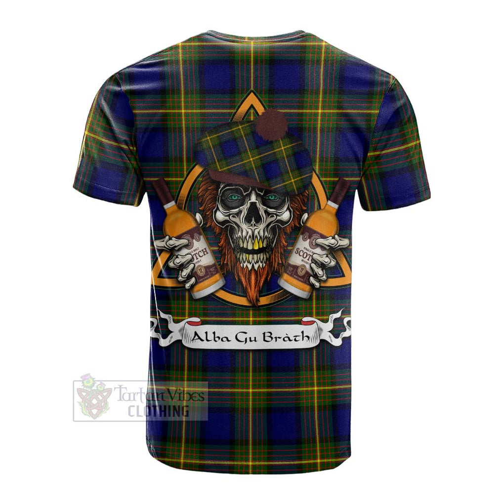 Tartan Vibes Clothing Moore Tartan Cotton T-shirt with Family Crest and Bearded Skull Holding Bottles of Whiskey