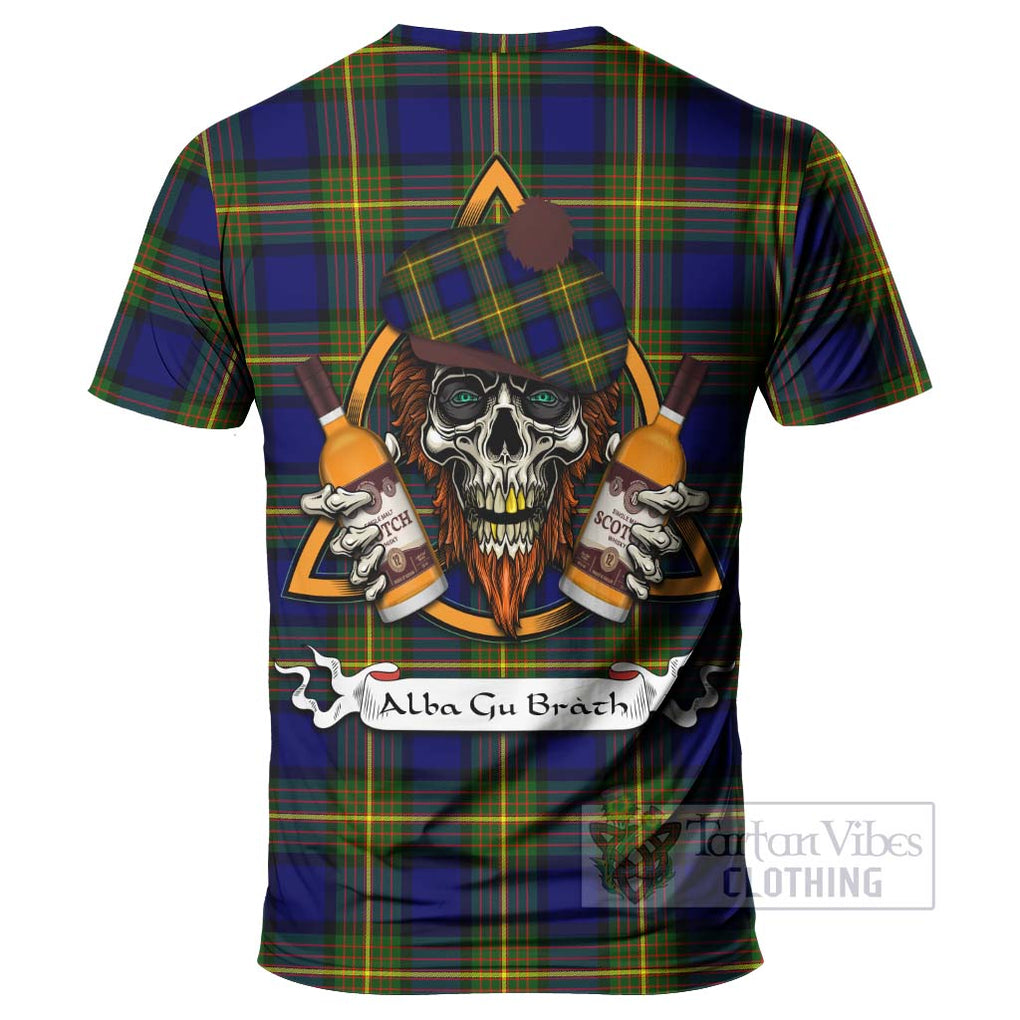 Tartan Vibes Clothing Moore Tartan T-Shirt with Family Crest and Bearded Skull Holding Bottles of Whiskey