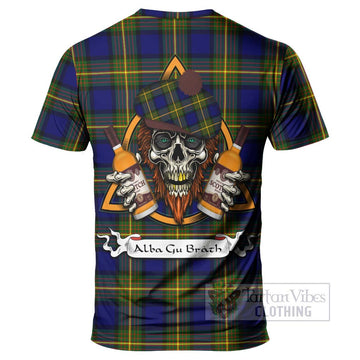 Moore Tartan T-Shirt with Family Crest and Bearded Skull Holding Bottles of Whiskey