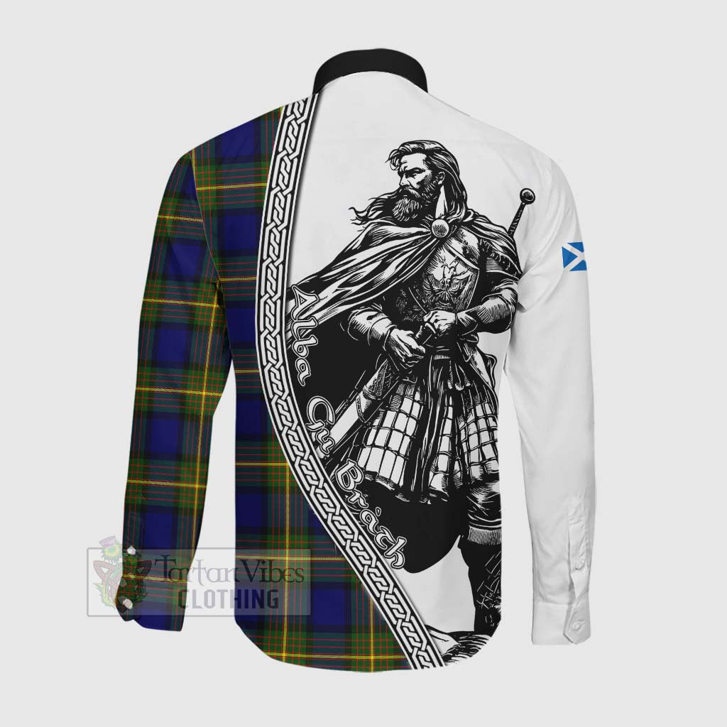 Tartan Vibes Clothing Moore Tartan Clan Crest Long Sleeve Button Shirt with Highlander Warrior Celtic Style