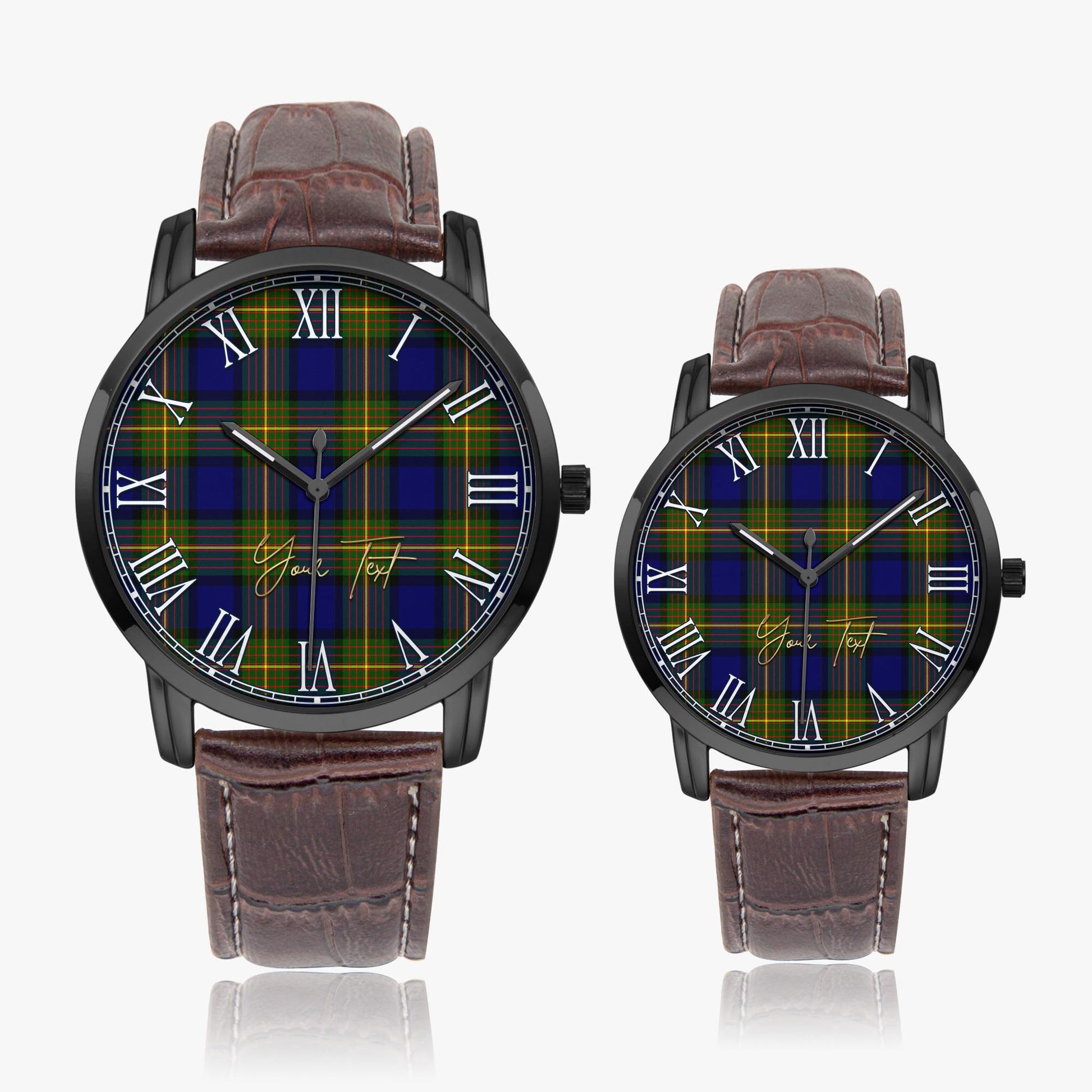 Moore Tartan Personalized Your Text Leather Trap Quartz Watch Wide Type Black Case With Brown Leather Strap - Tartanvibesclothing