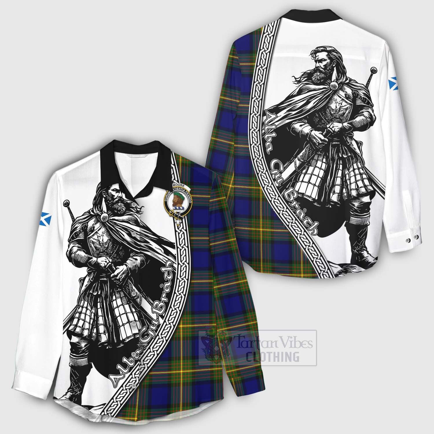 Tartan Vibes Clothing Moore Tartan Clan Crest Women's Casual Shirt with Highlander Warrior Celtic Style