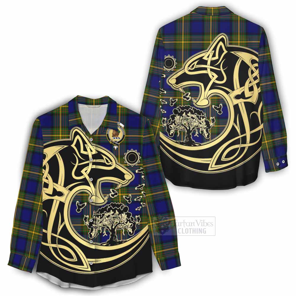 Tartan Vibes Clothing Moore Tartan Women's Casual Shirt with Family Crest Celtic Wolf Style