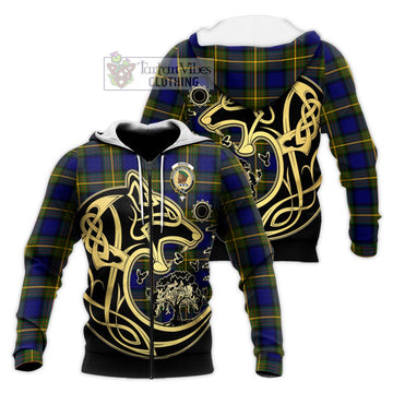 Moore Tartan Knitted Hoodie with Family Crest Celtic Wolf Style