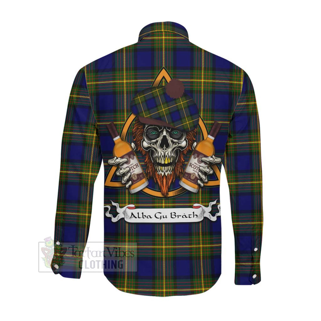 Tartan Vibes Clothing Moore Tartan Long Sleeve Button Shirt with Family Crest and Bearded Skull Holding Bottles of Whiskey