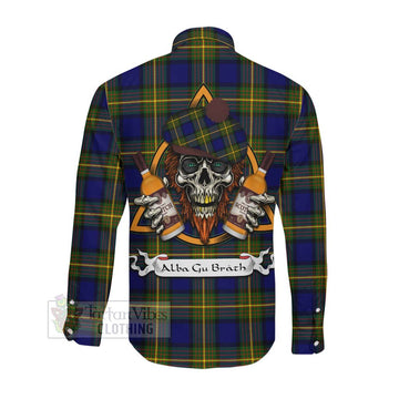 Moore Tartan Long Sleeve Button Shirt with Family Crest and Bearded Skull Holding Bottles of Whiskey