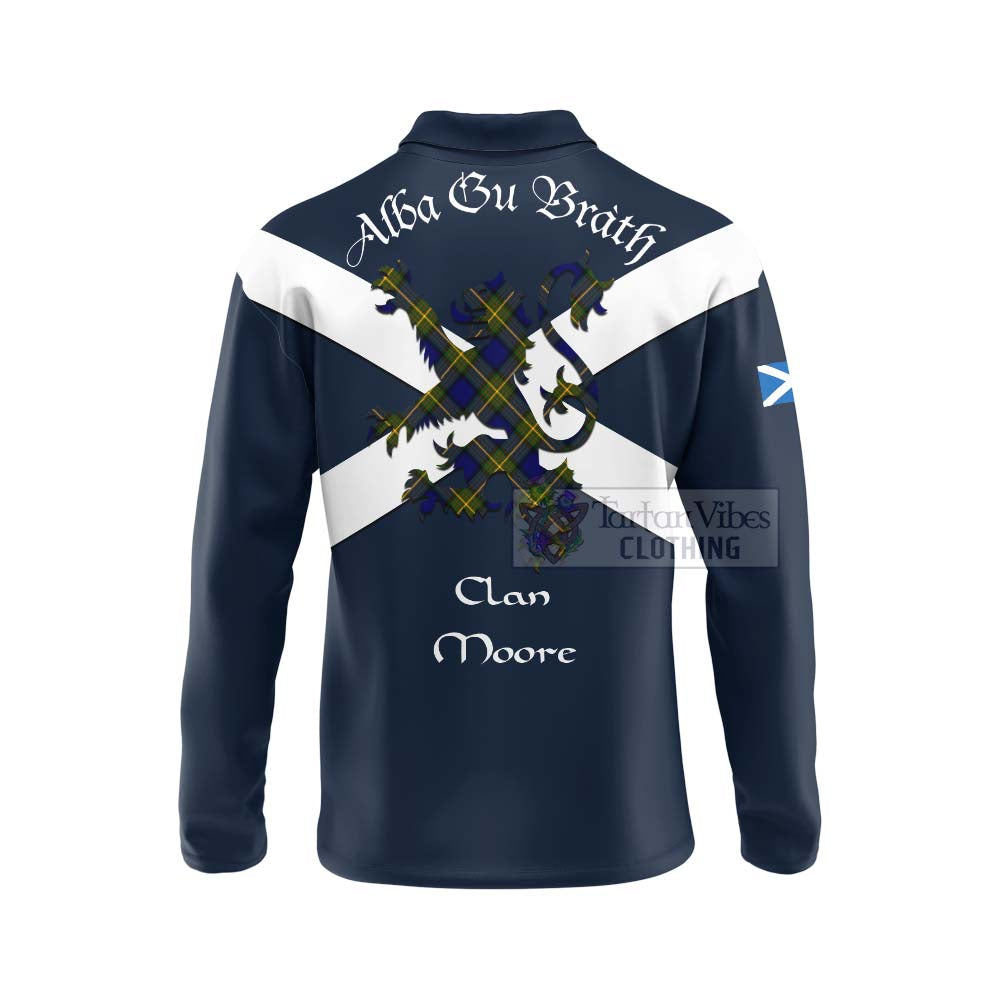 Tartan Vibes Clothing Moore Tartan Lion Rampant Long Sleeve Polo Shirt – Proudly Display Your Heritage with Alba Gu Brath and Clan Name