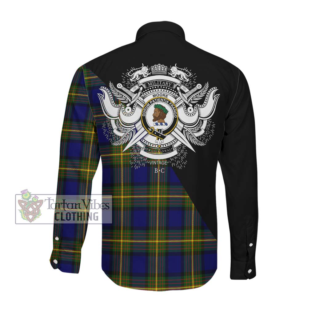 Tartan Vibes Clothing Moore Tartan Long Sleeve Button Shirt with Family Crest and Military Logo Style