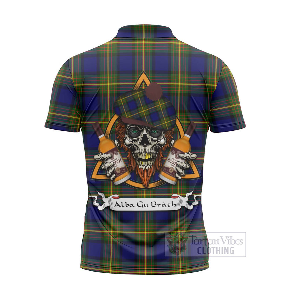 Tartan Vibes Clothing Moore Tartan Zipper Polo Shirt with Family Crest and Bearded Skull Holding Bottles of Whiskey