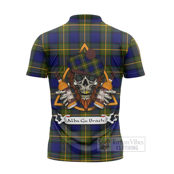 Moore Tartan Zipper Polo Shirt with Family Crest and Bearded Skull Holding Bottles of Whiskey