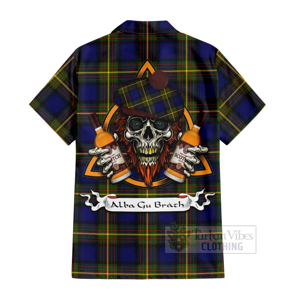 Tartan Vibes Clothing Moore Tartan Short Sleeve Button Shirt with Family Crest and Bearded Skull Holding Bottles of Whiskey