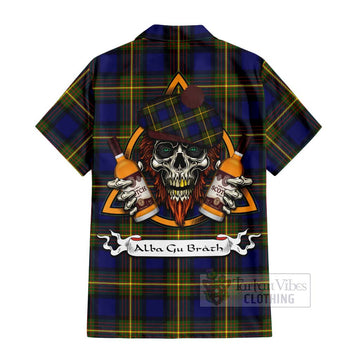 Moore Tartan Short Sleeve Button Shirt with Family Crest and Bearded Skull Holding Bottles of Whiskey