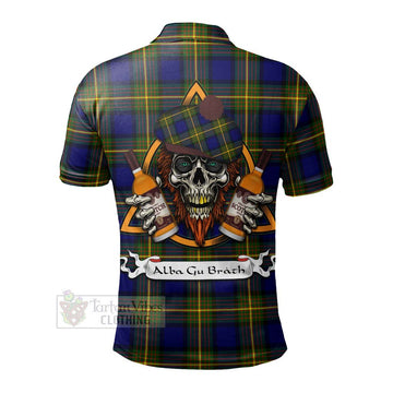 Moore Tartan Polo Shirt with Family Crest and Bearded Skull Holding Bottles of Whiskey