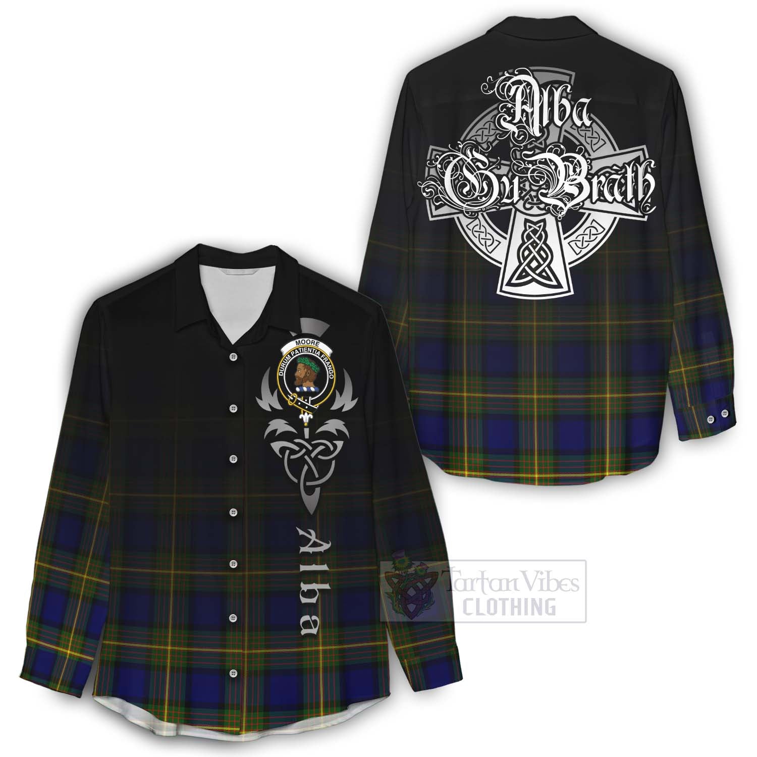 Tartan Vibes Clothing Moore Tartan Women's Casual Shirt Featuring Alba Gu Brath Family Crest Celtic Inspired