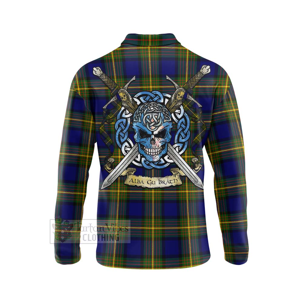 Tartan Vibes Clothing Moore Tartan Long Sleeve Polo Shirt with Family Crest Celtic Skull Style