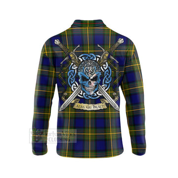 Moore Tartan Long Sleeve Polo Shirt with Family Crest Celtic Skull Style