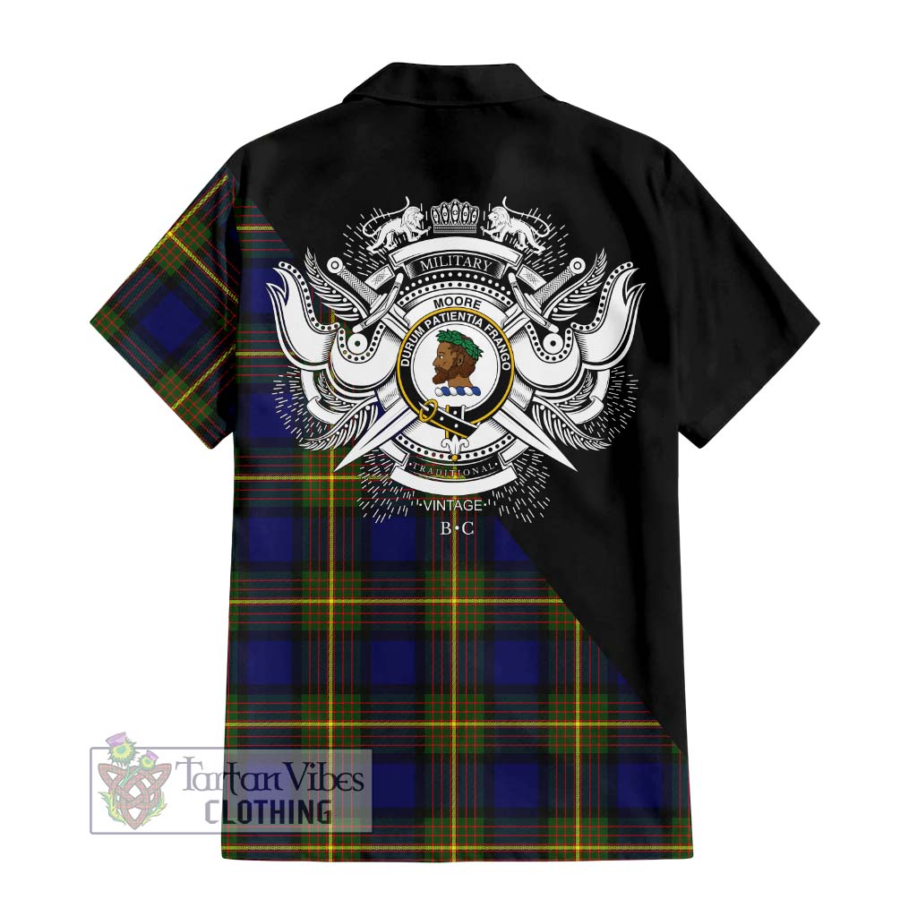 Tartan Vibes Clothing Moore Tartan Short Sleeve Button Shirt with Family Crest and Military Logo Style