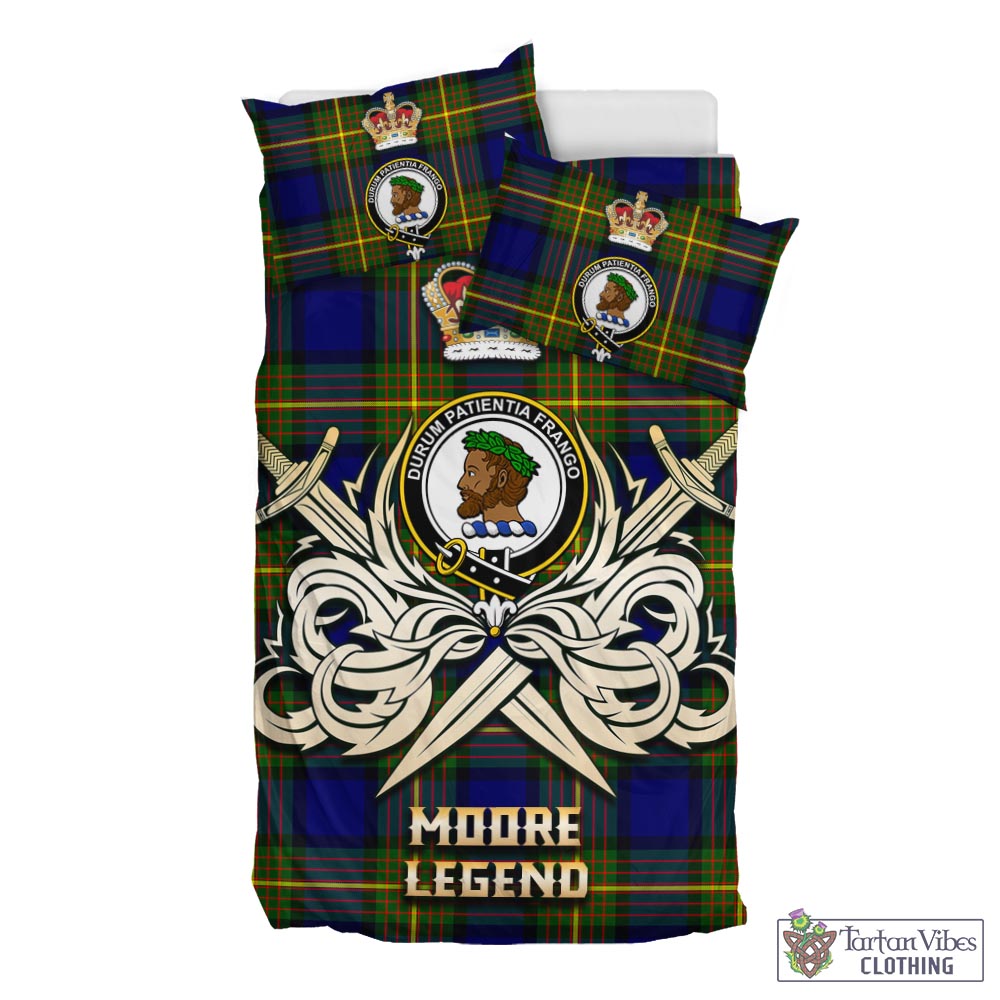 Tartan Vibes Clothing Moore Tartan Bedding Set with Clan Crest and the Golden Sword of Courageous Legacy