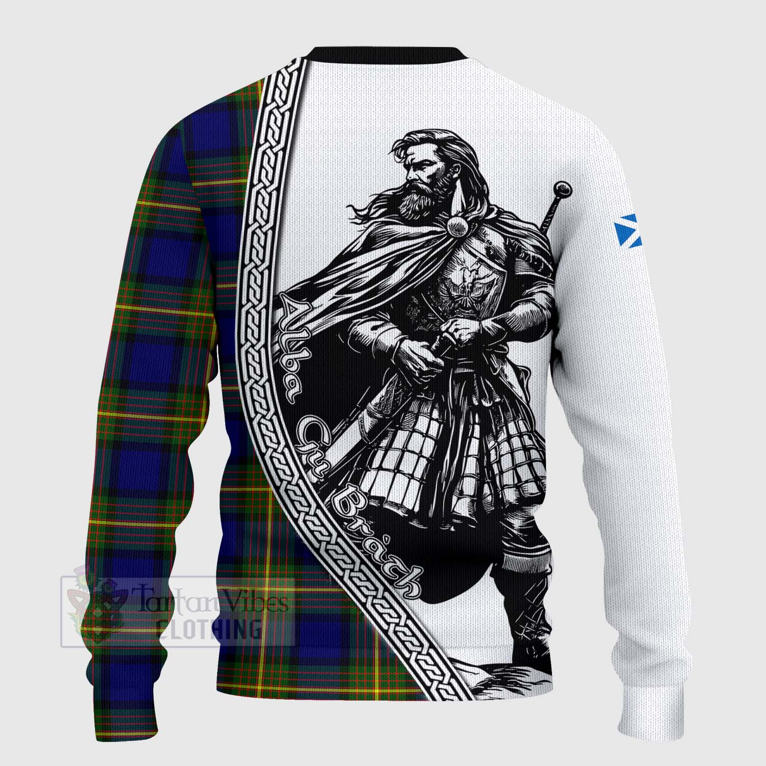 Tartan Vibes Clothing Moore Tartan Clan Crest Knitted Sweater with Highlander Warrior Celtic Style