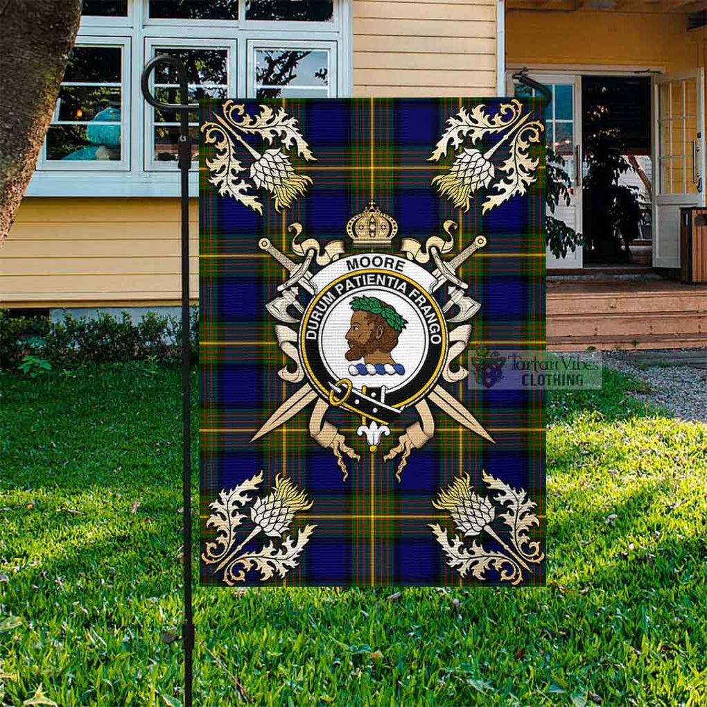 Tartan Vibes Clothing Moore Tartan Flag with Family Crest and Golden Thistle Crossed Sword Design