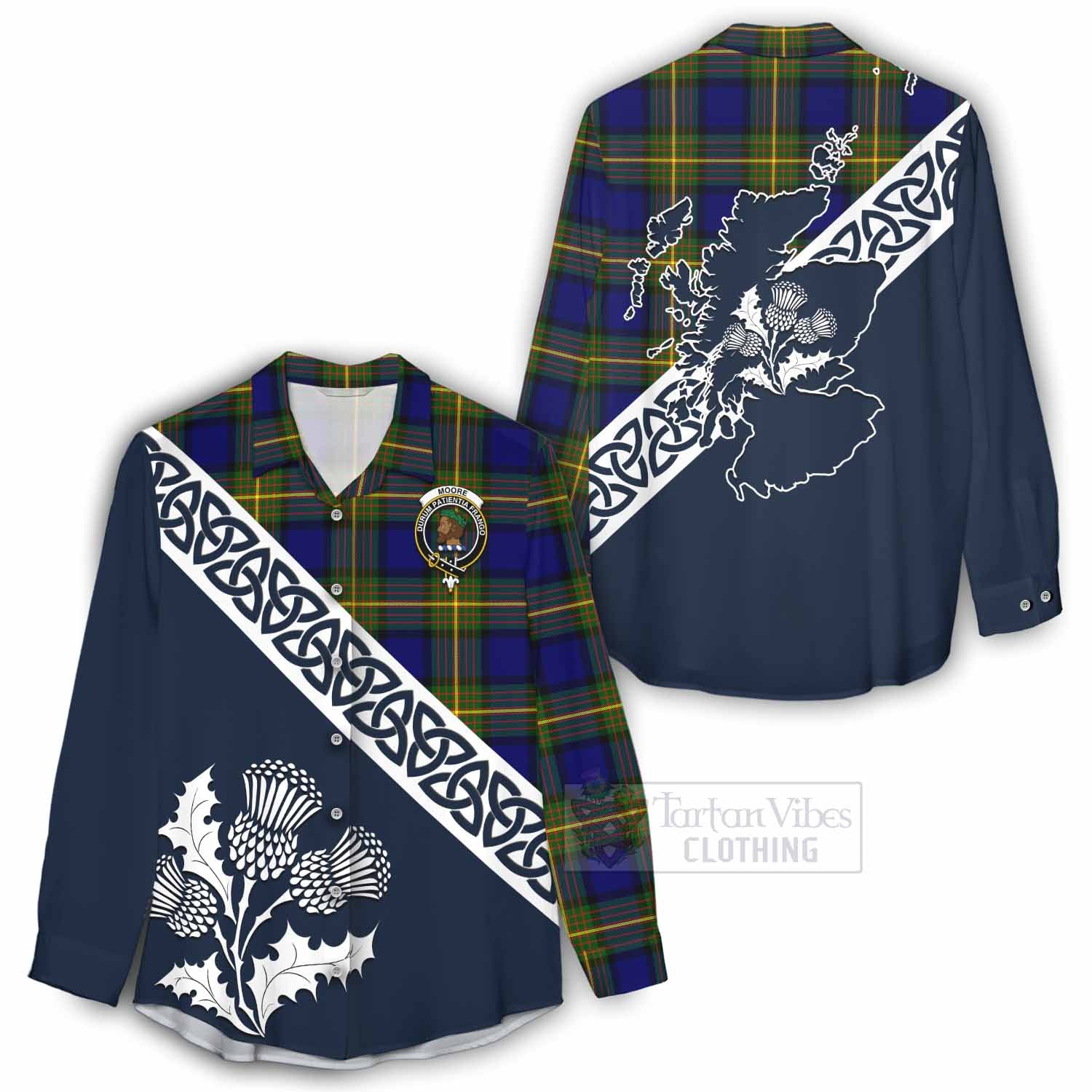 Tartan Vibes Clothing Moore Tartan Women's Casual Shirt Featuring Thistle and Scotland Map