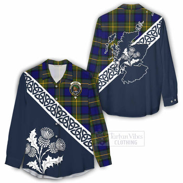 Moore Tartan Women's Casual Shirt Featuring Thistle and Scotland Map