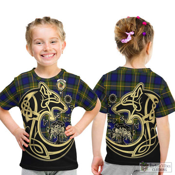 Moore Tartan Kid T-Shirt with Family Crest Celtic Wolf Style