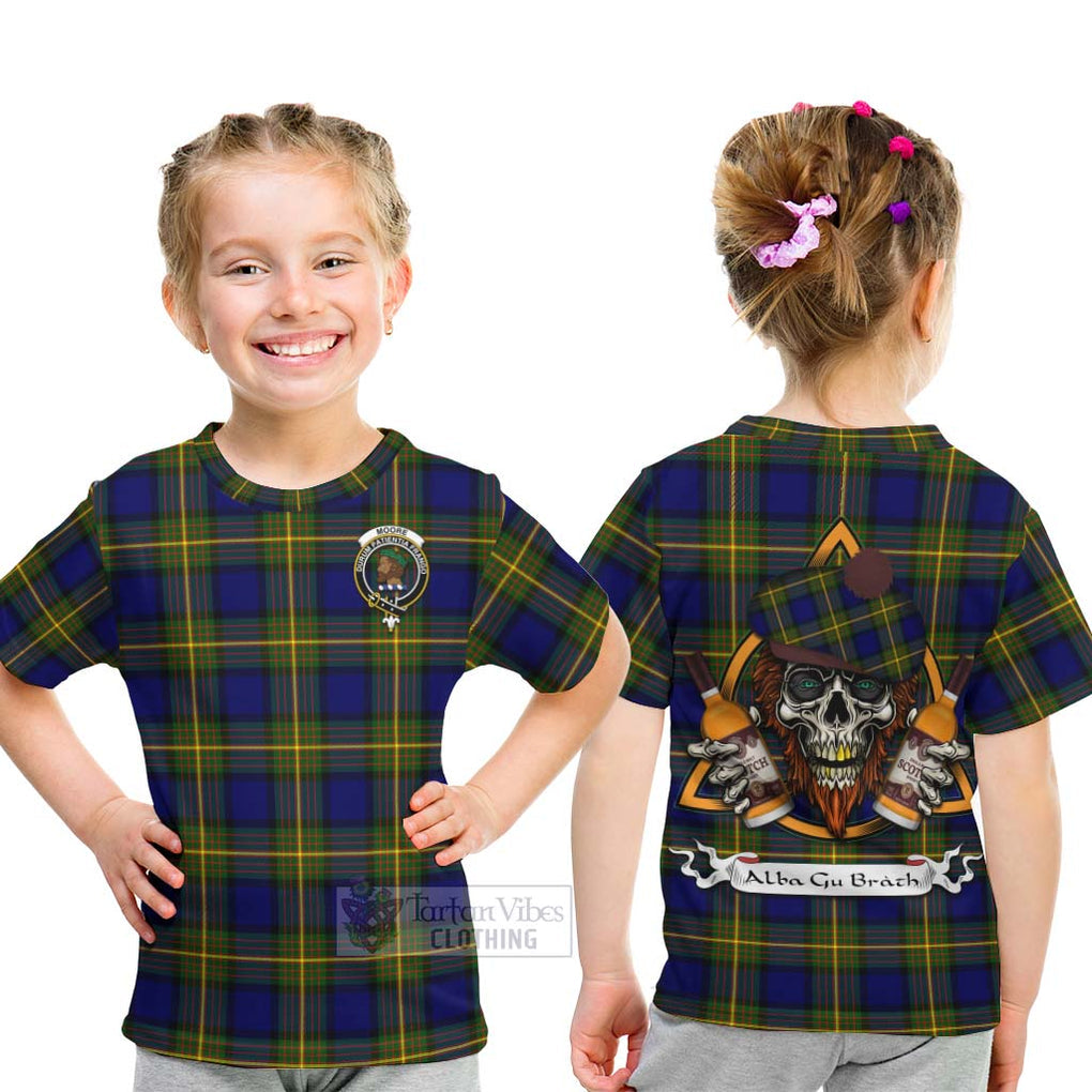 Tartan Vibes Clothing Moore Tartan Kid T-Shirt with Family Crest and Bearded Skull Holding Bottles of Whiskey