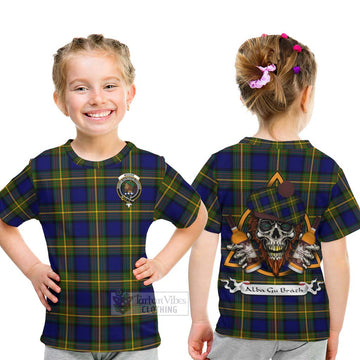 Moore Tartan Kid T-Shirt with Family Crest and Bearded Skull Holding Bottles of Whiskey