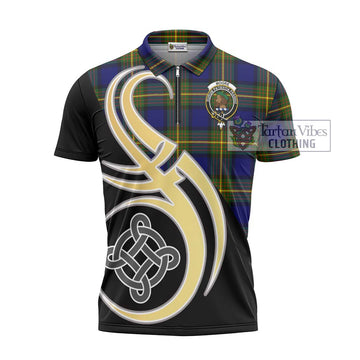 Moore Tartan Zipper Polo Shirt with Family Crest and Celtic Symbol Style