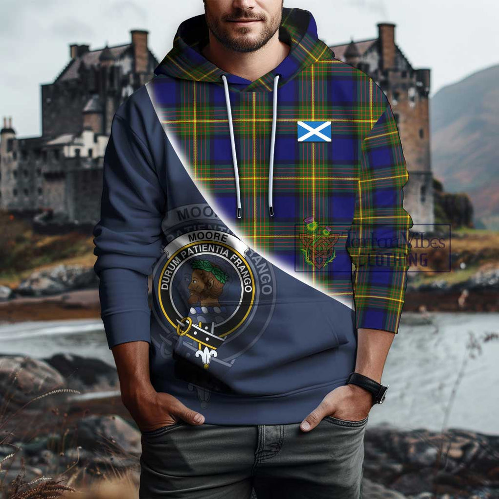 Moore Tartan Hoodie with Personalised National Flag and Family Crest Half Style - Tartanvibesclothing Shop