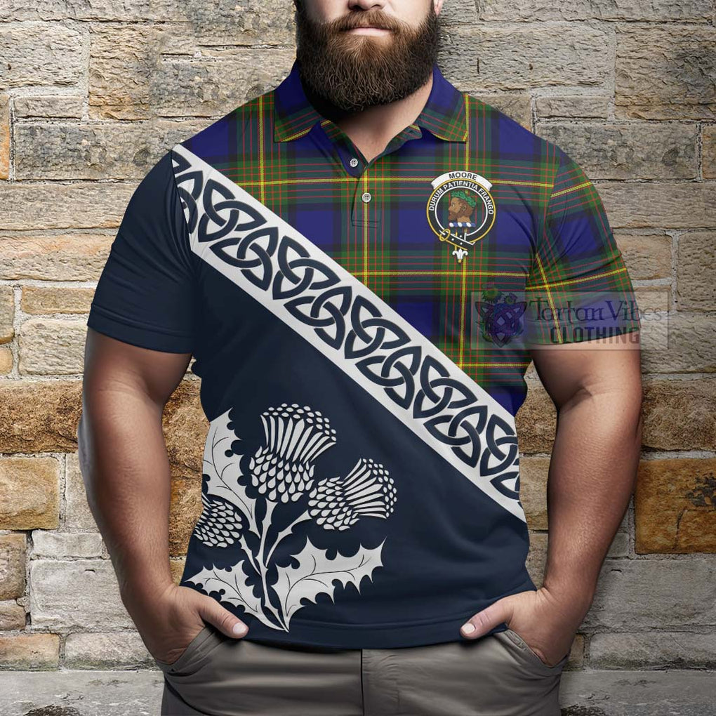 Moore Tartan Polo Shirt Featuring Thistle and Scotland Map