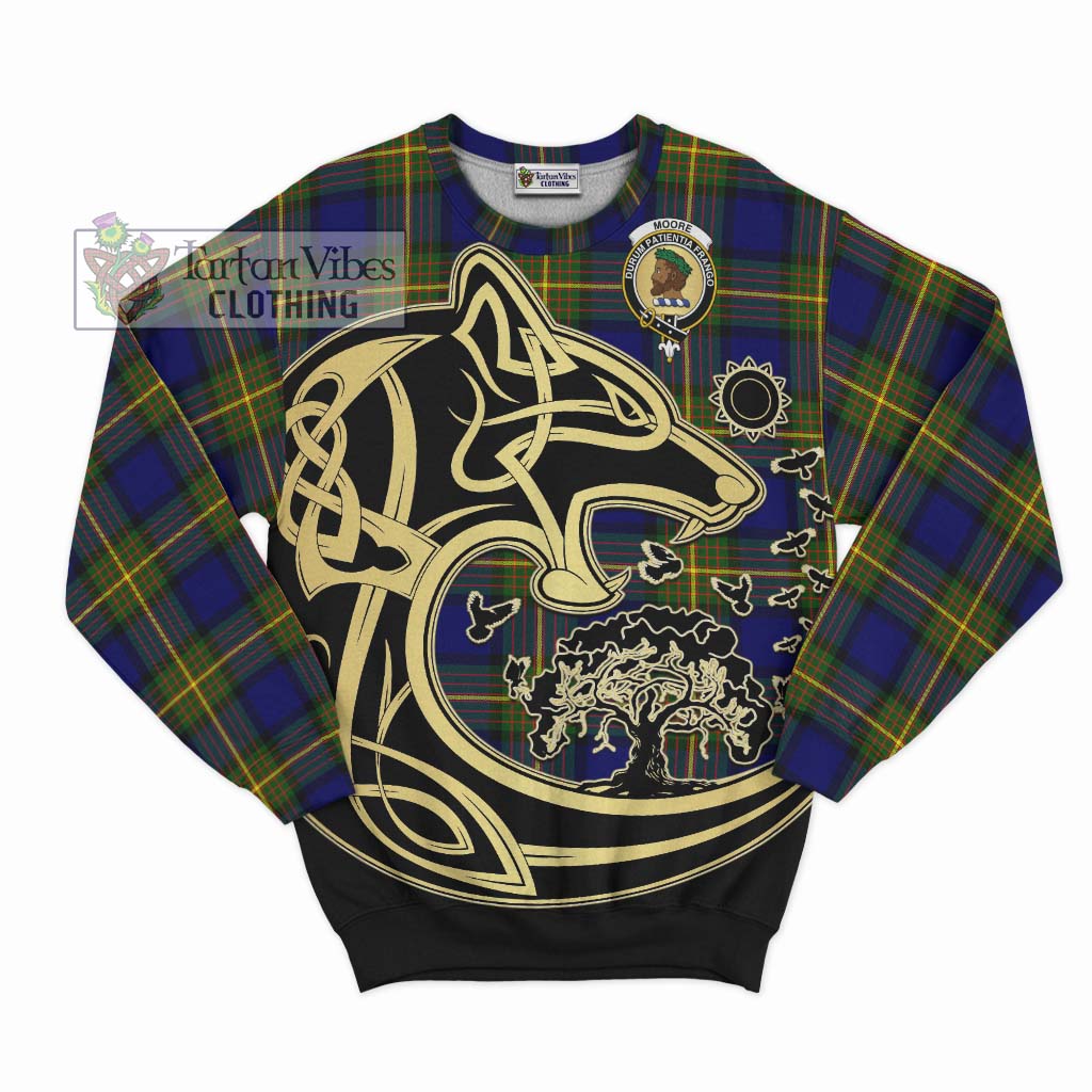 Tartan Vibes Clothing Moore Tartan Sweatshirt with Family Crest Celtic Wolf Style