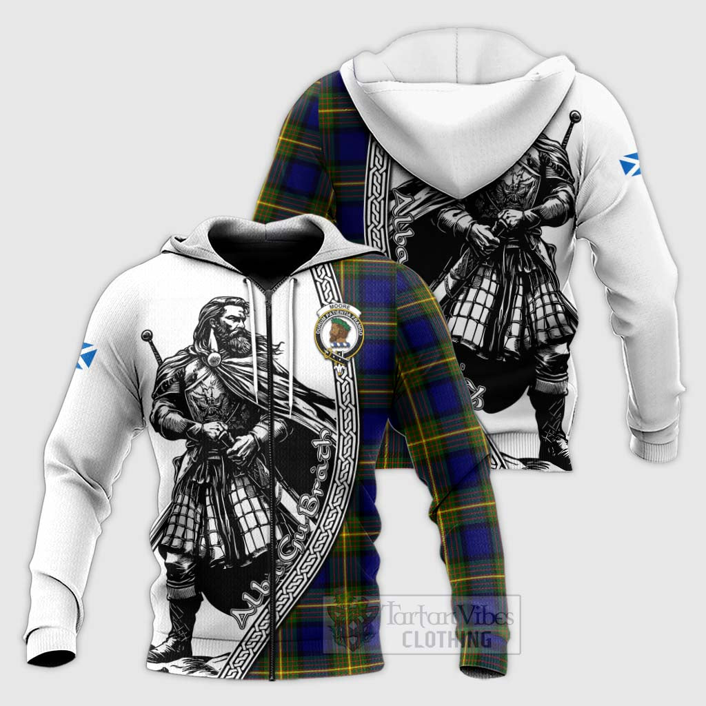 Tartan Vibes Clothing Moore Tartan Clan Crest Knitted Hoodie with Highlander Warrior Celtic Style