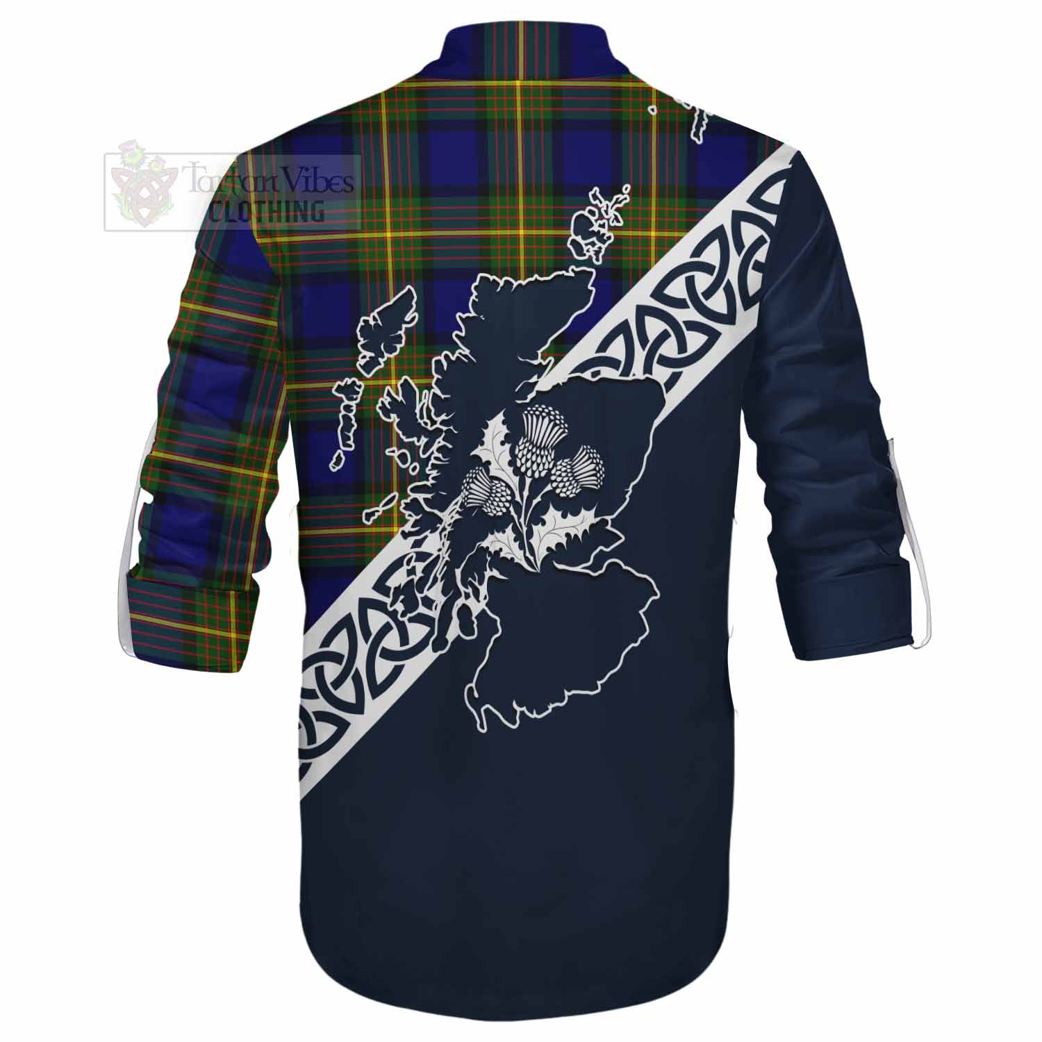 Tartan Vibes Clothing Moore Tartan Ghillie Kilt Shirt Featuring Thistle and Scotland Map