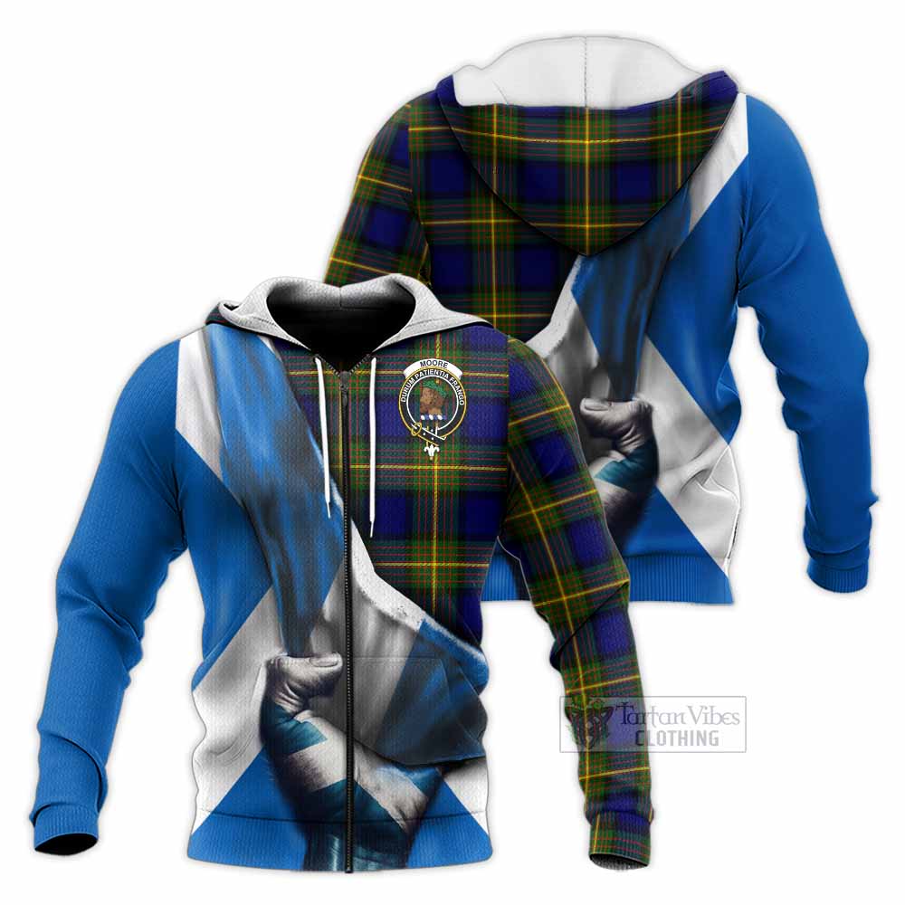 Tartan Vibes Clothing Moore Tartan Knitted Hoodie with Family Crest Scotland Patriotic Style