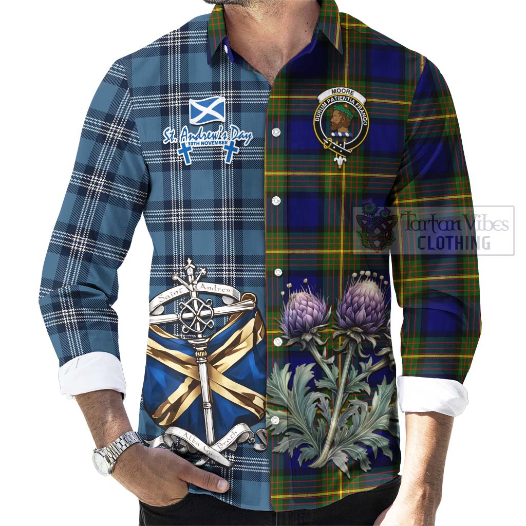 Tartan Vibes Clothing Moore Tartan Long Sleeve Button Shirt Happy St. Andrew's Day Half Tartan Style