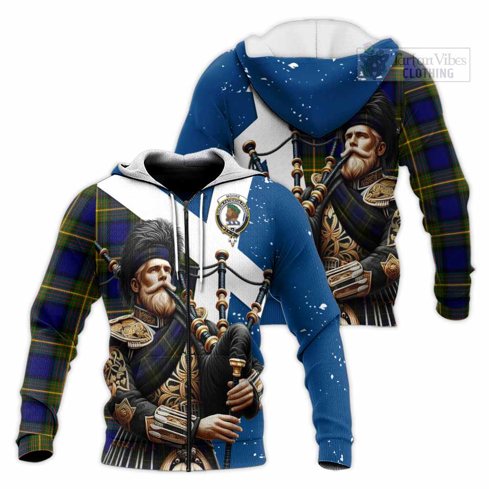 Tartan Vibes Clothing Moore Tartan Knitted Hoodie with Family Crest Scottish Bagpiper Vibes