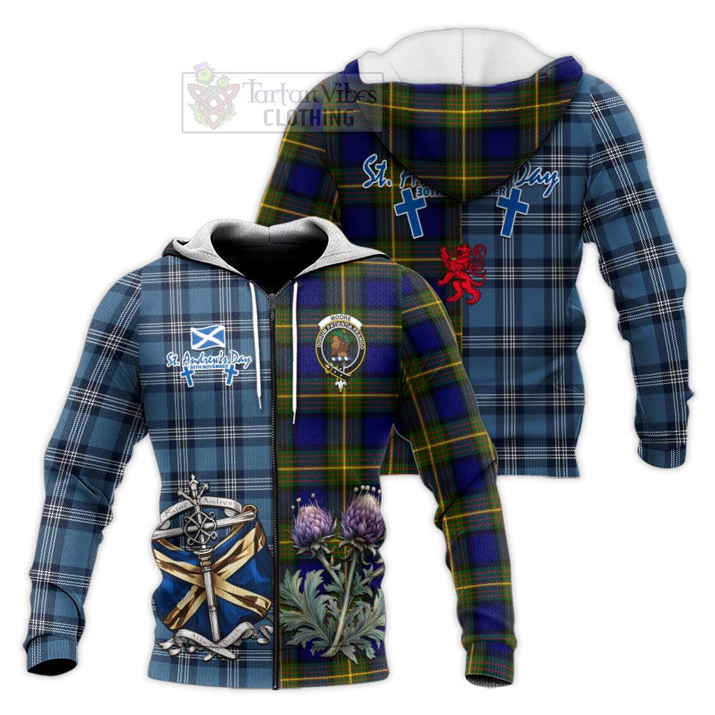 Tartan Vibes Clothing Moore Tartan Knitted Hoodie Happy St. Andrew's Day Half Tartan Style