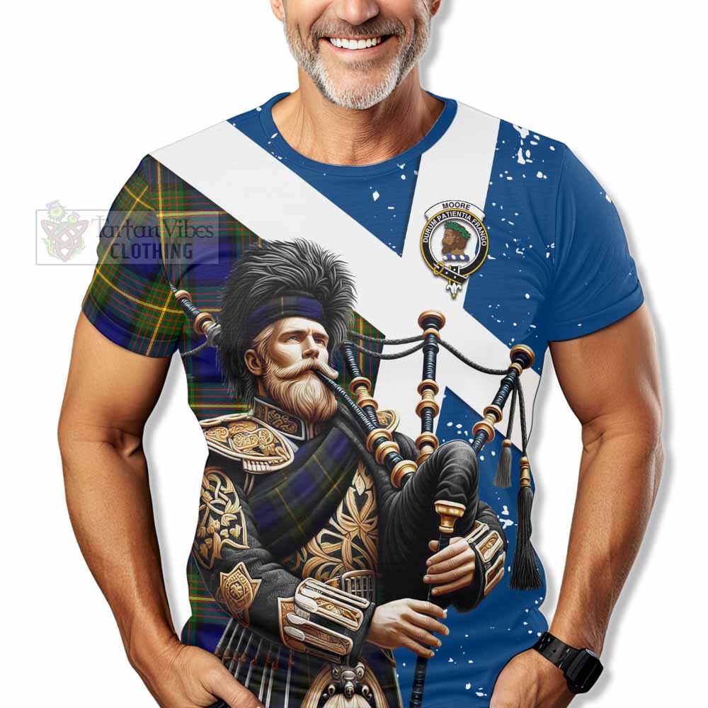 Tartan Vibes Clothing Moore Tartan T-Shirt with Family Crest Scottish Bagpiper Vibes