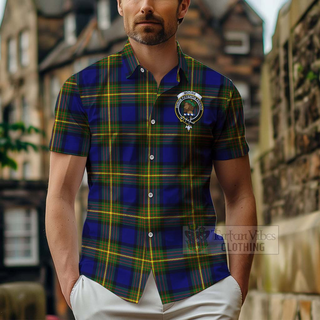 Tartan Vibes Clothing Moore Tartan Short Sleeve Button Shirt with Family Crest Celtic Skull Style