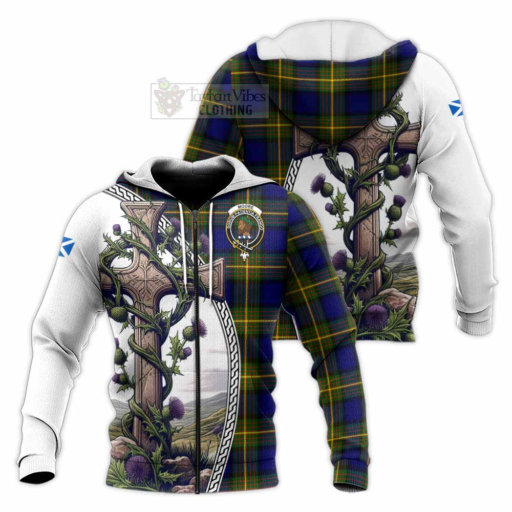 Tartan Vibes Clothing Moore Tartan Knitted Hoodie with Family Crest and St. Andrew's Cross Accented by Thistle Vines