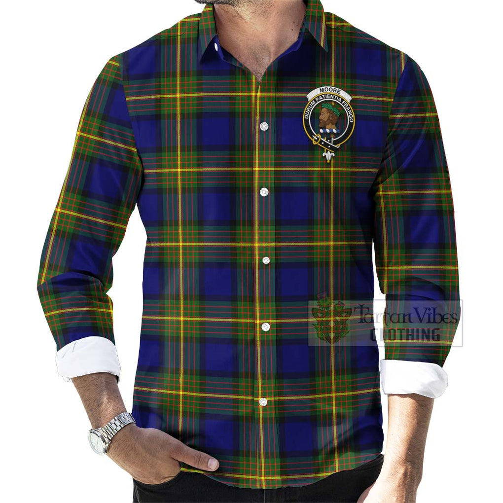 Tartan Vibes Clothing Moore Tartan Long Sleeve Button Shirt with Family Crest and Bearded Skull Holding Bottles of Whiskey