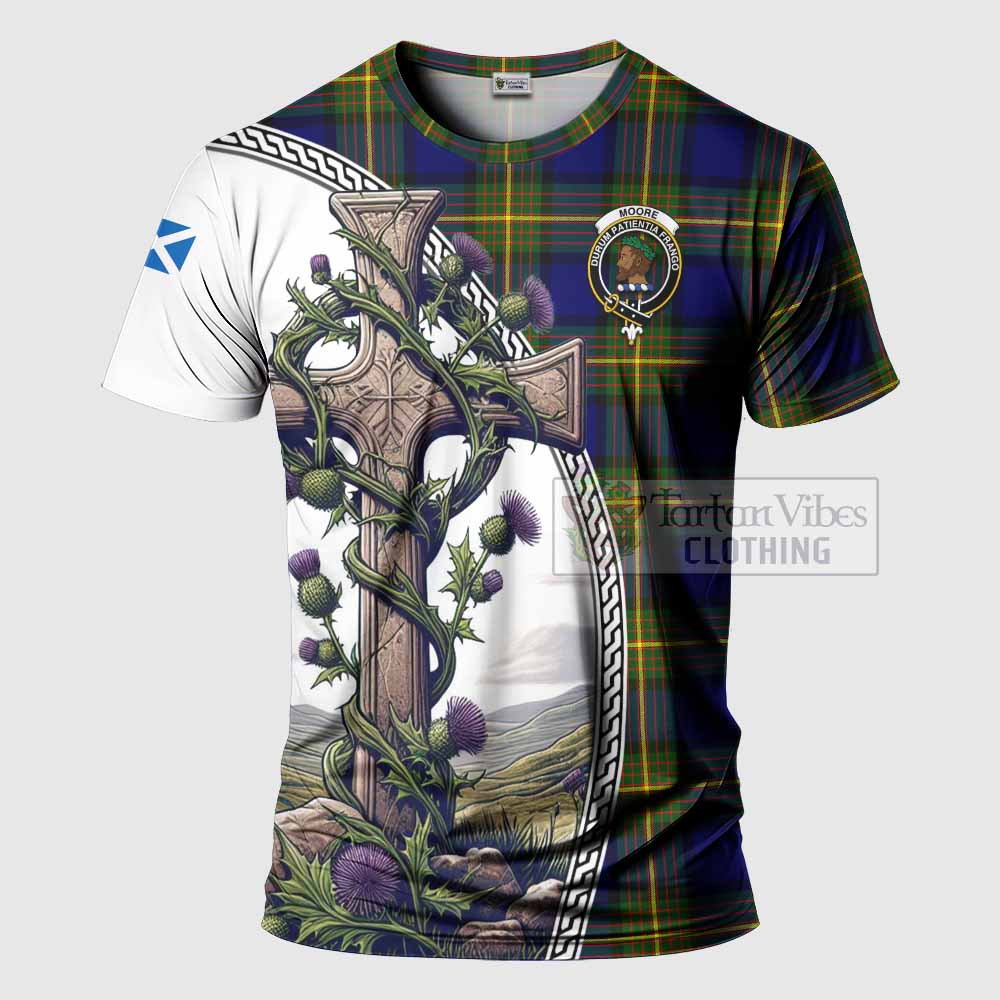 Tartan Vibes Clothing Moore Agnew Tartan T-Shirt with Family Crest and St. Andrew's Cross Accented by Thistle Vines