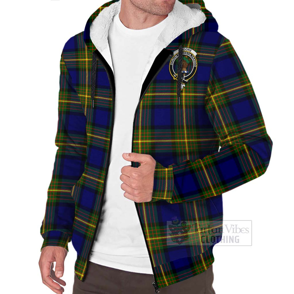 Tartan Vibes Clothing Moore Tartan Sherpa Hoodie with Family Crest and Bearded Skull Holding Bottles of Whiskey