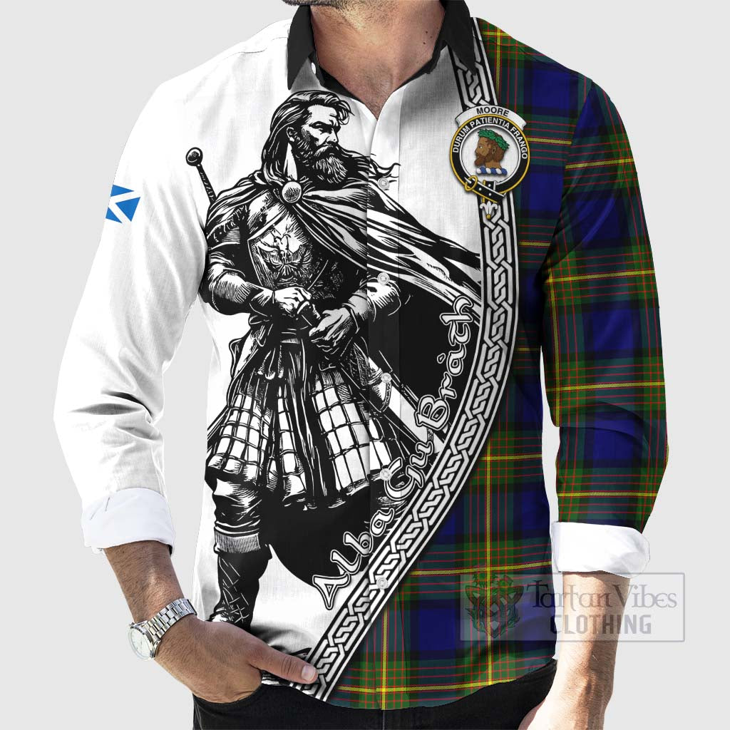 Tartan Vibes Clothing Moore Tartan Clan Crest Long Sleeve Button Shirt with Highlander Warrior Celtic Style