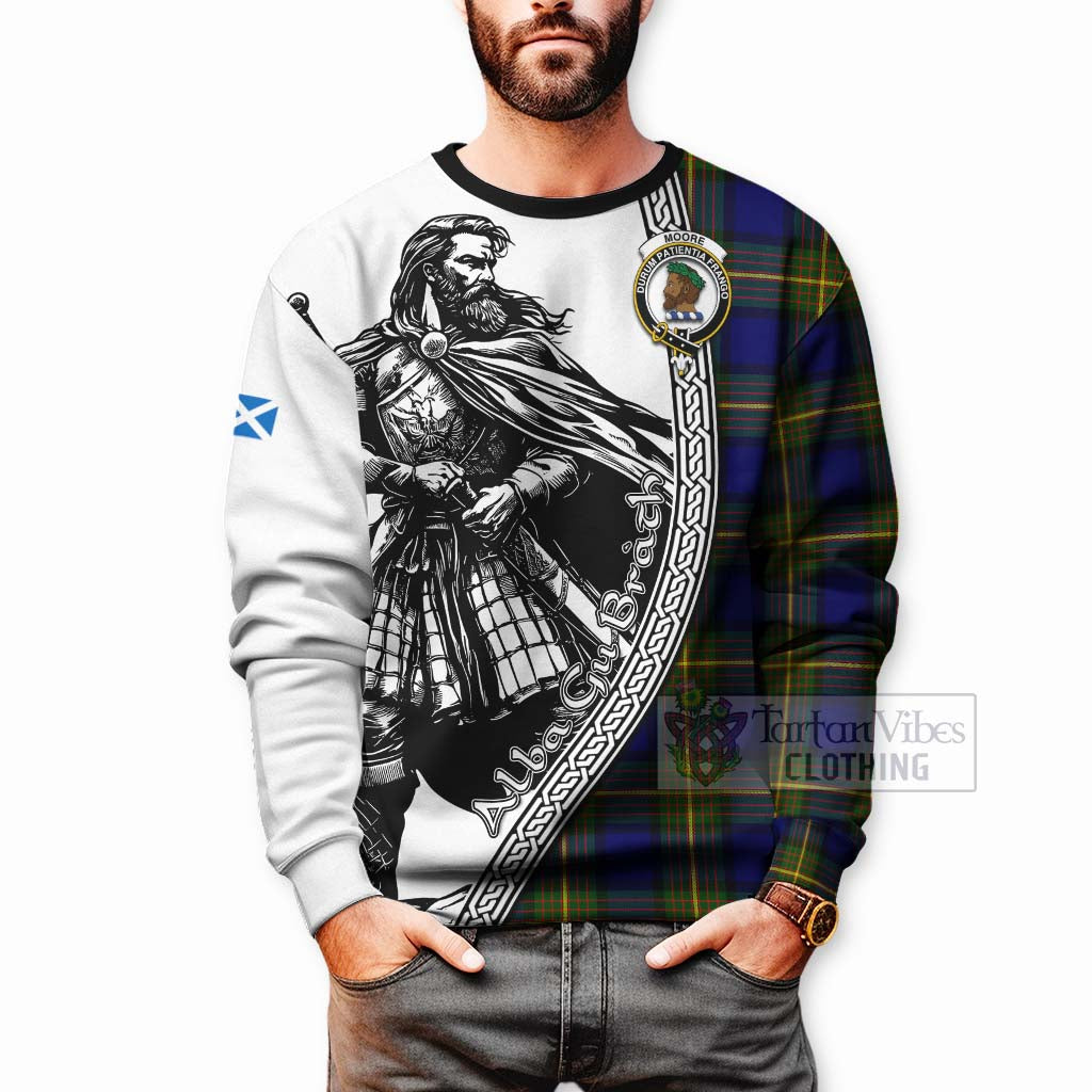 Tartan Vibes Clothing Moore Tartan Clan Crest Sweatshirt with Highlander Warrior Celtic Style