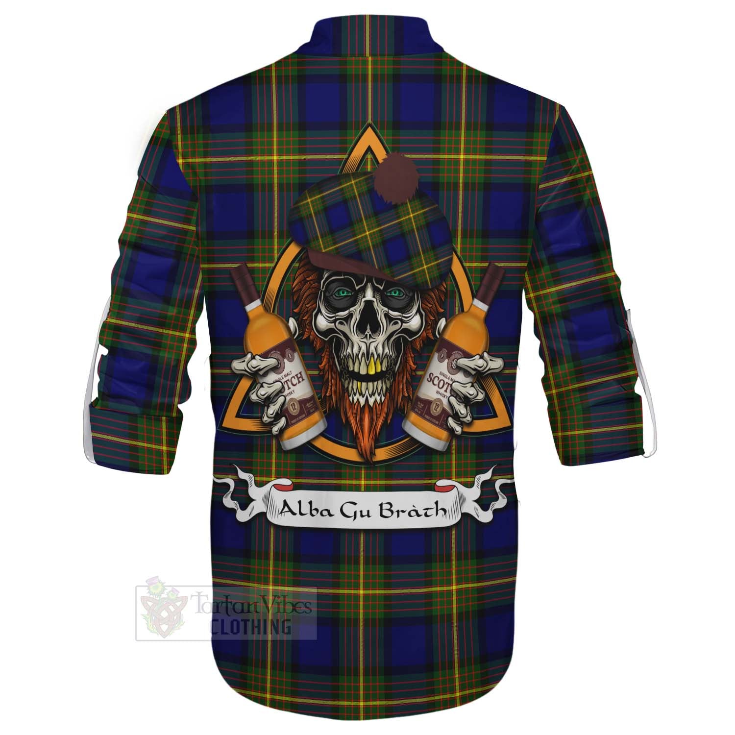 Tartan Vibes Clothing Moore Tartan Ghillie Kilt Shirt with Family Crest and Bearded Skull Holding Bottles of Whiskey