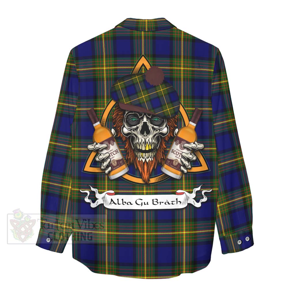 Tartan Vibes Clothing Moore Tartan Women's Casual Shirt with Family Crest and Bearded Skull Holding Bottles of Whiskey